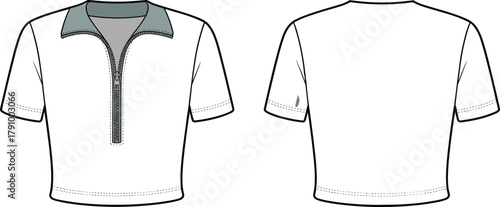 Half zip short sleeve crop top technical fashion flat sketch, modern women apparel vector template, detailed clothing CAD drawing for fashion design illustration