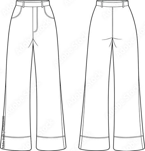 High waist cuffed wide leg pants CAD drawing flat vector illustration, detailed denim fashion sketch, technical clothing design template