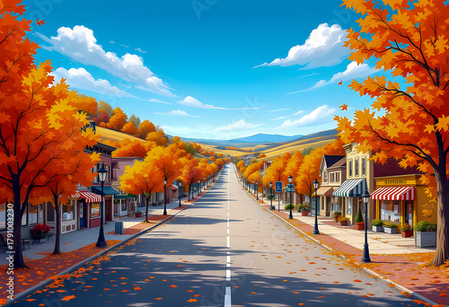 A quiet small town street stretches between colorful autumn trees and charming shops under a bright blue sky fallen orange leaves cover the sidewalk creating a peaceful scenic view