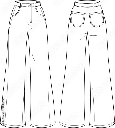 High waist wide leg jeans CAD drawing, flat vector technical fashion illustration with front and back view, denim pants design template
