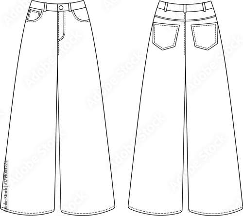 High waist wide leg pants CAD drawing flat vector illustration, denim fashion technical sketch, detailed clothing design, garment outline template