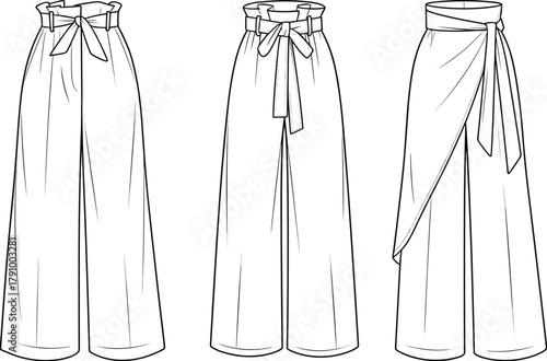 High waist wide leg pants design, women fashion CAD flat sketch, vector illustration with tie belt and wrap detail