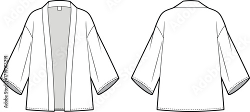 Front and back view of kimono style jacket, loose sleeve cardigan design, fashion flat sketch, clothing technical drawing, cad drawing flat vector illustration