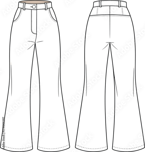 high waist wide leg pants fashion technical flat front and back view with stitching details minimalist apparel template cad drawing flat vector illustration