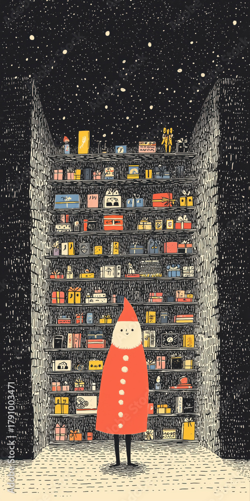 custom made wallpaper toronto digitalhand drawn doodle illustration of Santa Claus in Christmas cutaway scene with brick interior, giant wooden trinket shelf, display rack filled with colorful gift boxes and toys