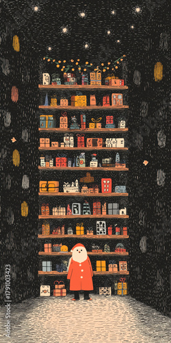 Wallpaper Mural hand drawn doodle illustration of Santa Claus in Christmas cutaway scene with brick interior, toy library, giant wooden trinket shelf, shop display rack filled with colorful gift boxes and toys Torontodigital.ca