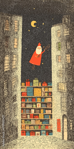 Wallpaper Mural hand drawing illustration of Santa Claus in Christmas cutaway scene with brick interior, giant wooden trinket shelf, display rack filled with colorful gift boxes and toys, christmas holiday Torontodigital.ca