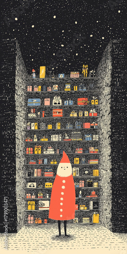 Wallpaper Mural hand drawn doodle illustration of Santa Claus in Christmas cutaway scene with brick interior, giant wooden trinket shelf, display rack filled with colorful gift boxes and toys Torontodigital.ca