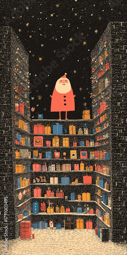 Wallpaper Mural hand drawn doodle illustration of Santa Claus in Christmas cutaway scene with brick interior, giant wooden trinket shelf, display rack filled with colorful gift boxes and toys Torontodigital.ca
