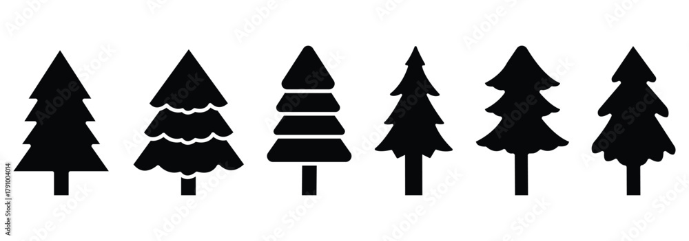 Fototapeta premium Christmas tree icon set. Hand drawn Christmas pine tree icon set.
