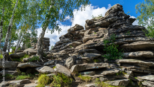 Beautiful Devil's Hillfort complex on sunny summer day. Iset Park, Iset village, Sverdlovsk region, Russia. Hiking and walking
