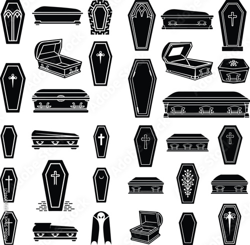 Casket Icon Set – Funeral, Coffin, and Burial Symbol Silhouette Collection Coffin and Casket Icons – Death, Memorial, and Cemetery Symbol Vector Set