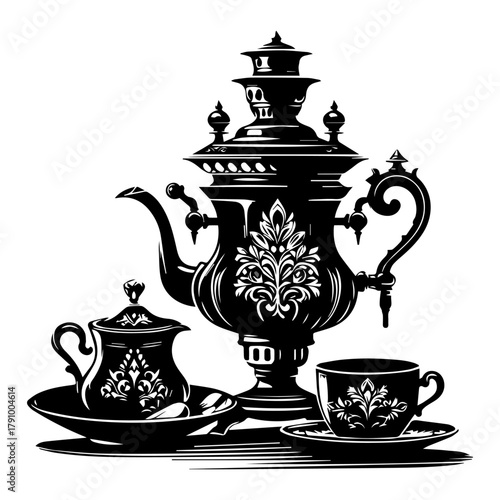 Black and white illustration of an antique porcelain set consisting of a samovar, a saucer with a tea cup and an oil pan with a plate on a white insulated background. Vector graphics. EPS.