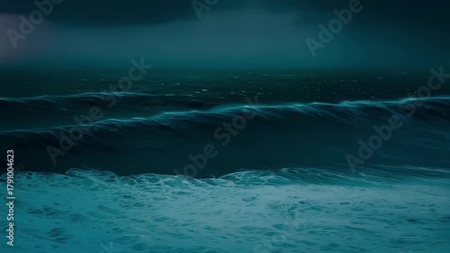 This mesmerizing video captures the ocean's mysterious beauty, showcasing deep blue waves rolling under a dark and stormy sky. Experience the power and tranquility of the sea.