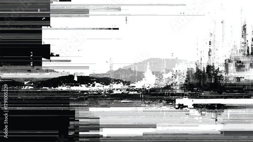 Abstract black and white city glitch art with digital data distortion effect isolated on white background, Vector, illustration.