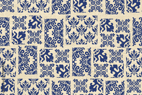 Traditional Ikat Pattern featuring geometric motifs in Blue and Rust on Cream Background. Ethnic-inspired textile design blends cultural artistry with modern minimalism, ideal for apparel, home decor