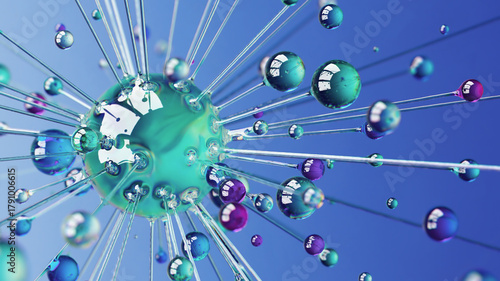 Abstract glass sphere with radiant connections and floating drops