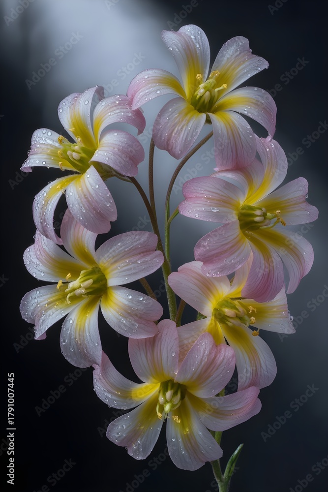 Fototapeta premium Spiral Arrangement of Pink and Yellow Rain Lilies with Water Drops on Dark Studio Background, Close-up Macro