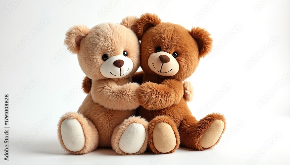 Obraz premium Two plush teddy bears hug together on white background. Cute toys share affection, showing friendship and love. Perfect for Valentine Day or child room decor.