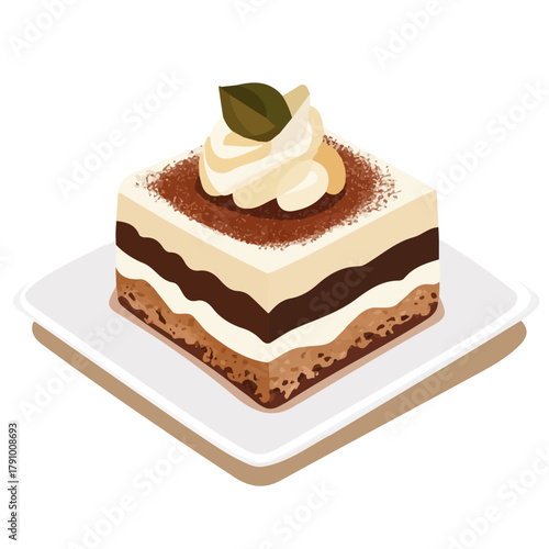 2D flat vector illustration of Tiramisu, clean and minimal icon style, isolated on white background.