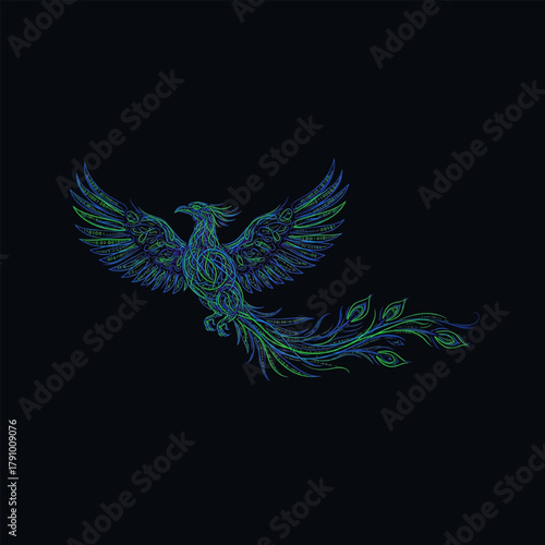 Digital phoenix rising, a symbol of rebirth and technological innovation, crafted with vibrant neon details and intricate binary code patterns
