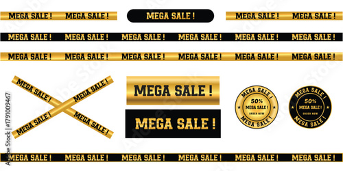 luxury golden black mega sale banners set with shiny metallic gradients, ribbons, and round labels for discount promotions, advertising templates, and marketing design