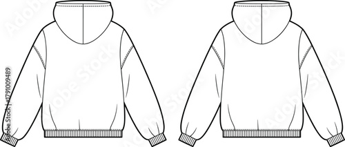 Hoodie back view flat cad drawing, oversize pullover hooded sweatshirt template with rib cuffs and hem, clean apparel fashion tech pack vector illustration