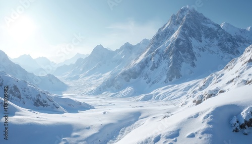 Snow covered mountain range with icy peaks and serene landscape. Snowy hills and valley below clear blue sky. Snow drifts and peaks in majestic winter scenery.