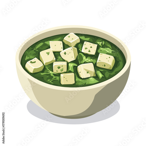 Saag Paneer, 2D flat vector illustration, simple and modern style, isolated on a plain white background.