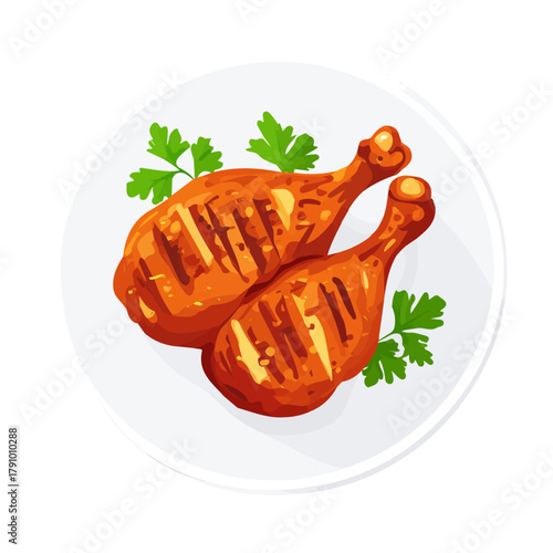 Tandoori Chicken, 2D flat vector illustration, simple and modern style, isolated on a plain white background.