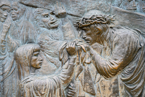 Station VI: Veronica wipes the face of Jesus. The Way of the Cross on Mount Križevac (the Cross Mountain) in Medjugorje.