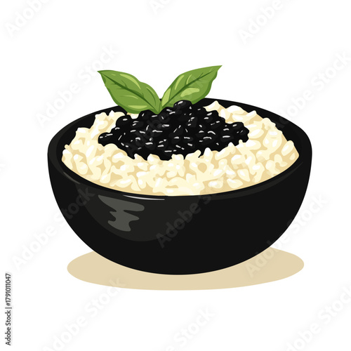 Risotto Nero, modern 2D flat vector illustration in icon style, isolated on pure white background.