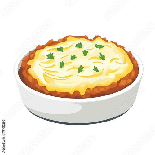 Minimal 2D vector illustration of Shepherds Pie in flat icon style on a plain white background.