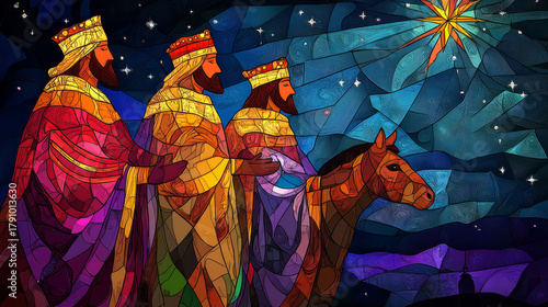 A vibrant, traditional stained-glass illustration of three wise men and star of Bethlehem beautiful radiant colors with copy space ideal for artistic religious Christmas card holiday background