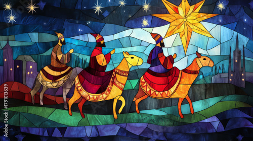 A vibrant, traditional stained-glass illustration of three wise men and star of Bethlehem beautiful radiant colors with copy space ideal for artistic religious Christmas card holiday background
