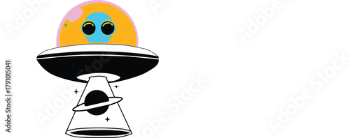 Colorful alien in a flying saucer spaceship illustration on white background, cute extraterrestrial UFO cartoon design for stickers, t-shirts, and digital art.
