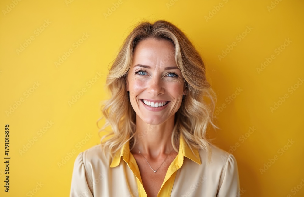 Fototapeta premium Middle aged blonde woman smiles brightly at camera. Her blue eyes sparkle with happiness. Professional headshot with yellow studio background shows friendly person.