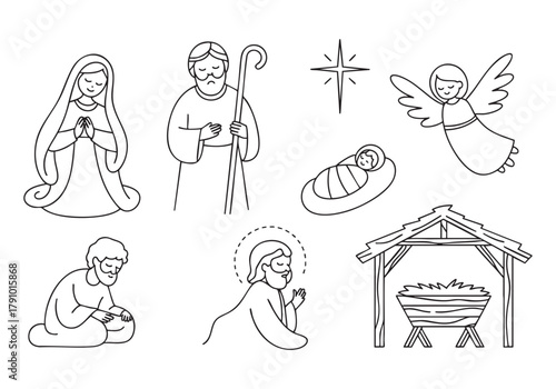 Christmas Nativity Scene Line Art Set: Mary, Joseph, Baby Jesus, Angel, and Manger Vector Icons