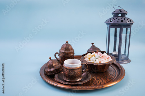 Traditional Turkish tea with dates and lokum for Ramadan Iftar