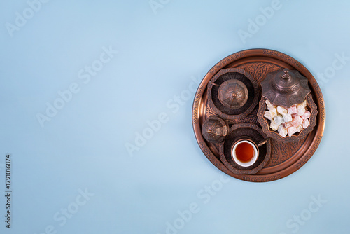 Traditional Turkish tea with dates and lokum for Ramadan Iftar
