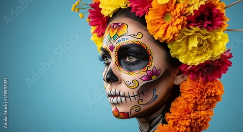 Woman with vibrant Day of the Dead face paint and colorful flower crown against a blue background dia de los muertos