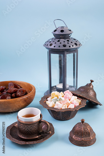 Traditional Turkish tea with dates and lokum for Ramadan Iftar