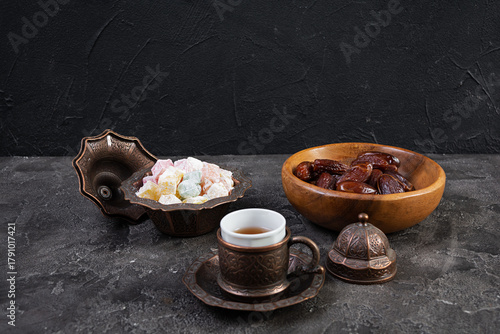 Traditional Turkish tea with dates and lokum for Ramadan Iftar