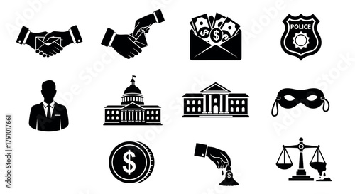 Black silhouette icons depicting various symbols of business, politics, and justice, including handshake, cash envelope, police badge, scales, and government buildings.
