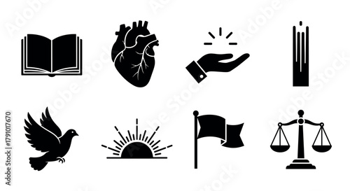 Black silhouette icons featuring an open book, anatomical heart, extended hand, candle, dove, sunrise, flag, and balanced scales for various concepts.