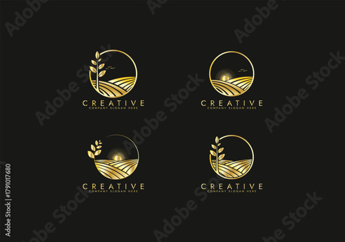 Green Agricultural Landscape Logo set design , Green Farm Field and Sprout Logo for  Nature Brands vector design