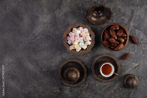 Traditional Turkish tea with dates and lokum for Ramadan Iftar