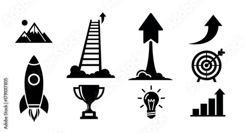 Black silhouette icons of growth concepts including a mountain, ladder, arrow, rocket, trophy, light bulb, target, and graph.