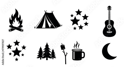 Black silhouette icons of a campfire, triangular tent, star clusters, acoustic guitar, evergreen trees, marshmallow on stick, steaming mug, and crescent moon.