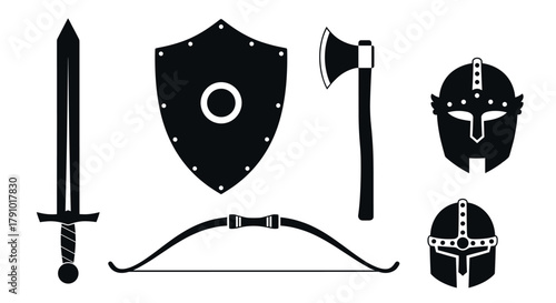 Black silhouette icons of a medieval sword, shield, axe, bow, and two helmets showcasing ancient warfare equipment.